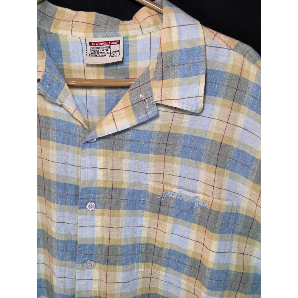 Platinum FUBU Vintage Mens XXL‎ Plaid Button Down Short Sleeve Shirt Blue Yellow